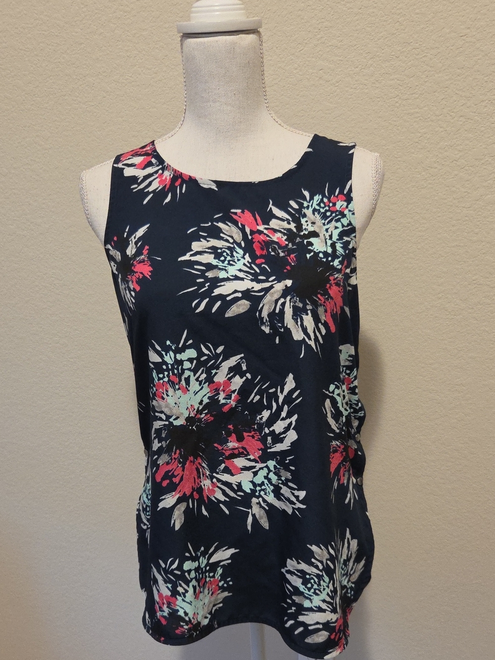 Banana Republic Navy Sleeveless Floral Shell with Pink & Mint Accents